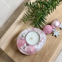 Rosa Teelichthalter aus Epoxidharz mit Weihnachtskugeln, Stern & Schneeflocke – weihnachtliche Tischdeko