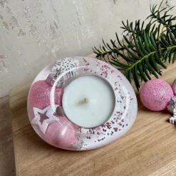 Rosa Teelichthalter aus Epoxidharz mit Weihnachtskugeln, Stern & Schneeflocke – weihnachtliche Tischdeko