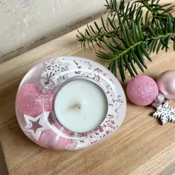 Rosa Teelichthalter aus Epoxidharz mit Weihnachtskugeln, Stern & Schneeflocke – weihnachtliche Tischdeko