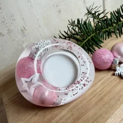 Rosa Teelichthalter aus Epoxidharz mit Weihnachtskugeln, Stern & Schneeflocke – weihnachtliche Tischdeko