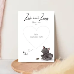 Rubbelgutschein Rubbelkarte "Zeit statt Zeug" | Wunschtext mit Katzenmotiv und Rubbelherz