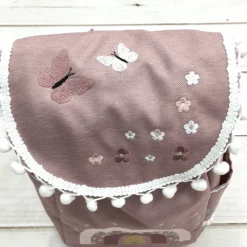 Rucksack mit Blumen,  Umhängetasche, Rucksack mit Regenbogen, altrosa dunkel, weiß bestickt,  Kindergartenrucksack