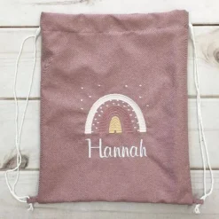 Rucksack mit Blumen,  Umhängetasche, Rucksack mit Regenbogen, altrosa dunkel, weiß bestickt,  Kindergartenrucksack