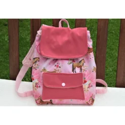 Rucksack Pferdefreunde, Kindergartenrucksack, rosagrundig, Pferdemotiv mit Tasche, Softshell ca. 27x30cm