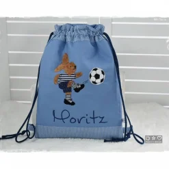 Rucksack/Beutel blau mit Hase, Fußball und Wunschname