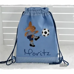 Rucksack/Beutel blau mit Hase, Fußball und Wunschname
