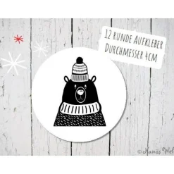 Runde Papieraufkleber mit Kuschelbär in schwarz-weiß 4cm