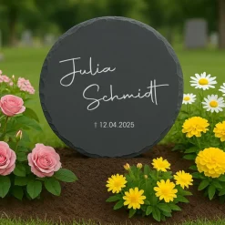 Runde Schiefertafel als Gedenkstein oder Grabstein | wetterfest und handgemacht | Gravur von Namen und Datum