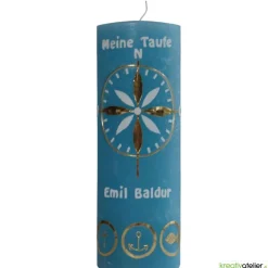 Rustic Taufkerze oceanblau maritim mit gold weißer Windrose und 3 goldenen Symbolen Kreuz, Anker und Fisch