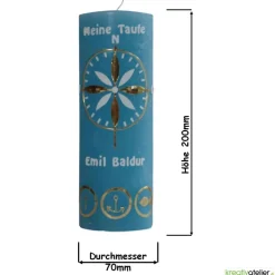 Rustic Taufkerze oceanblau maritim mit gold weißer Windrose und 3 goldenen Symbolen Kreuz, Anker und Fisch