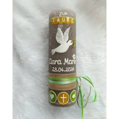 RUSTICA, Rustikal, Taufkerze, Friedenstaube, Taube, Margerite Blume, Mädchen, Junge, grün - gelb, Wachsbeschriftung, Far