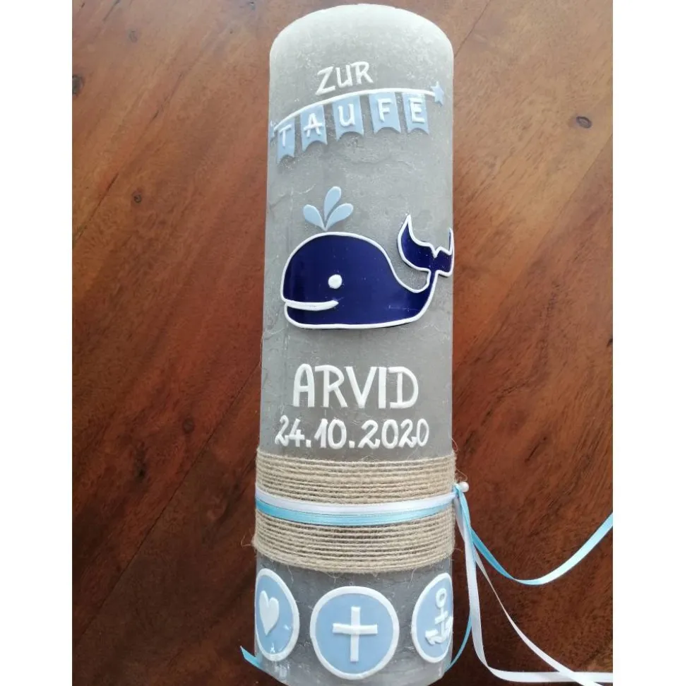 RUSTICA, VINTAGE-Look, SHABBY, Rustikal, Taufkerze, Wal, Fisch Mädchen, Junge, Kerze, keine Folie, Wachsbeschriftung, Fa