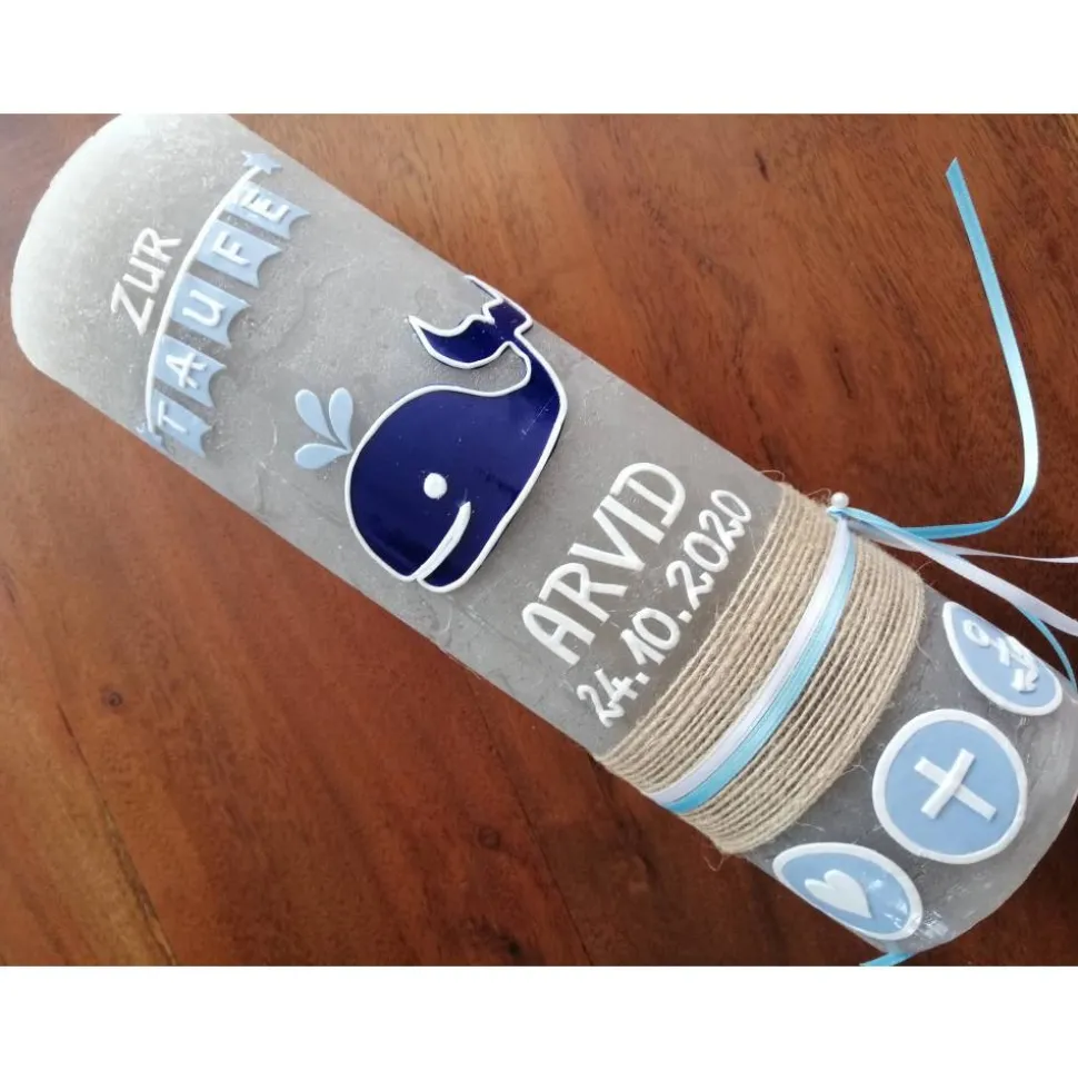 RUSTICA, VINTAGE-Look, SHABBY, Rustikal, Taufkerze, Wal, Fisch Mädchen, Junge, Kerze, keine Folie, Wachsbeschriftung, Fa