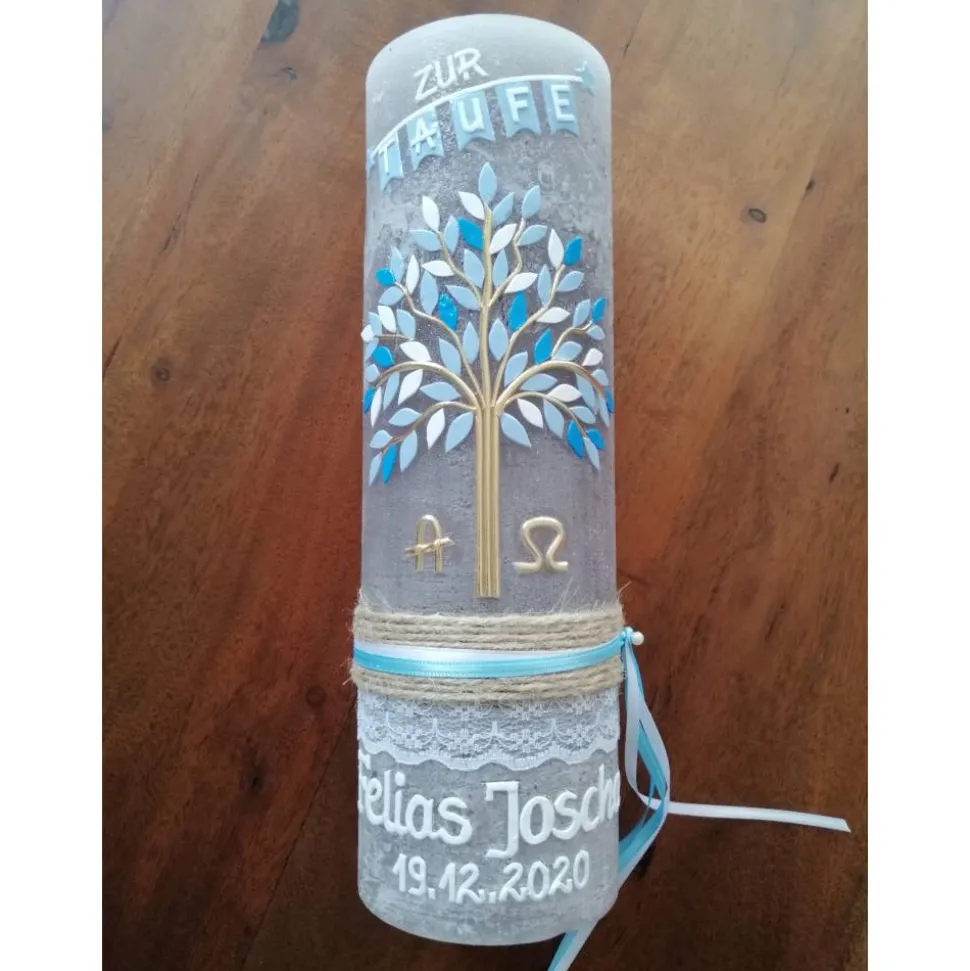 RUSTICA VINTAGE-Look SHABBY Rustikal Taufkerze Lebensbaum Alpha Omega Jungen Kerze keine Folie Wachsbeschriftung