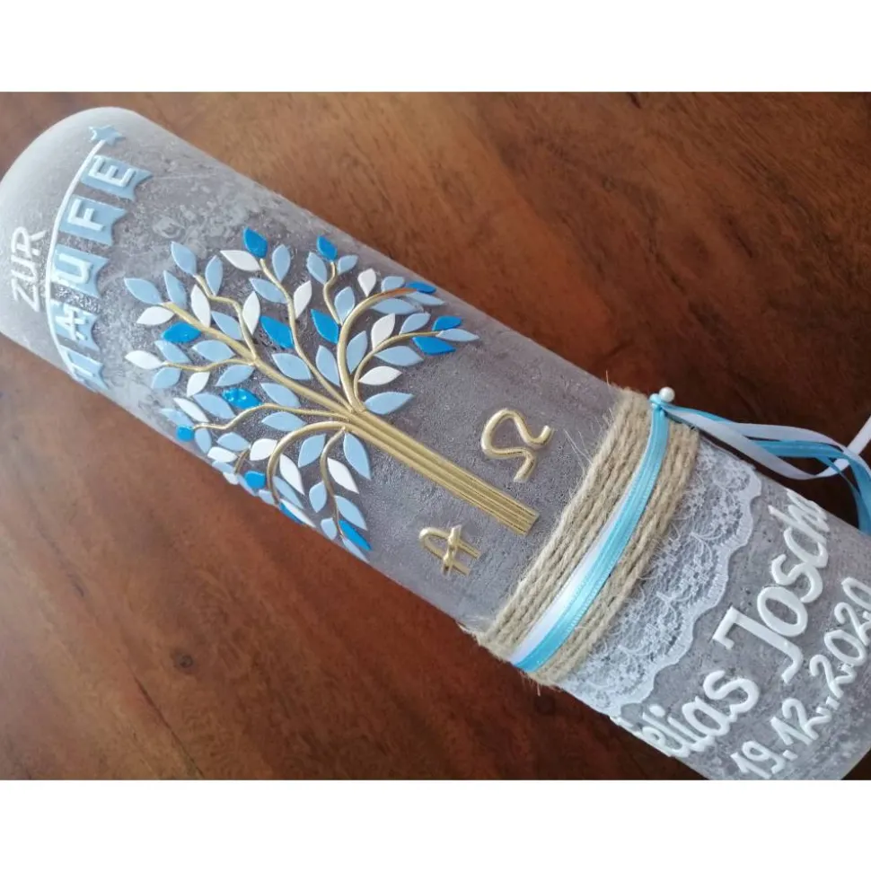 RUSTICA VINTAGE-Look SHABBY Rustikal Taufkerze Lebensbaum Alpha Omega Jungen Kerze keine Folie Wachsbeschriftung