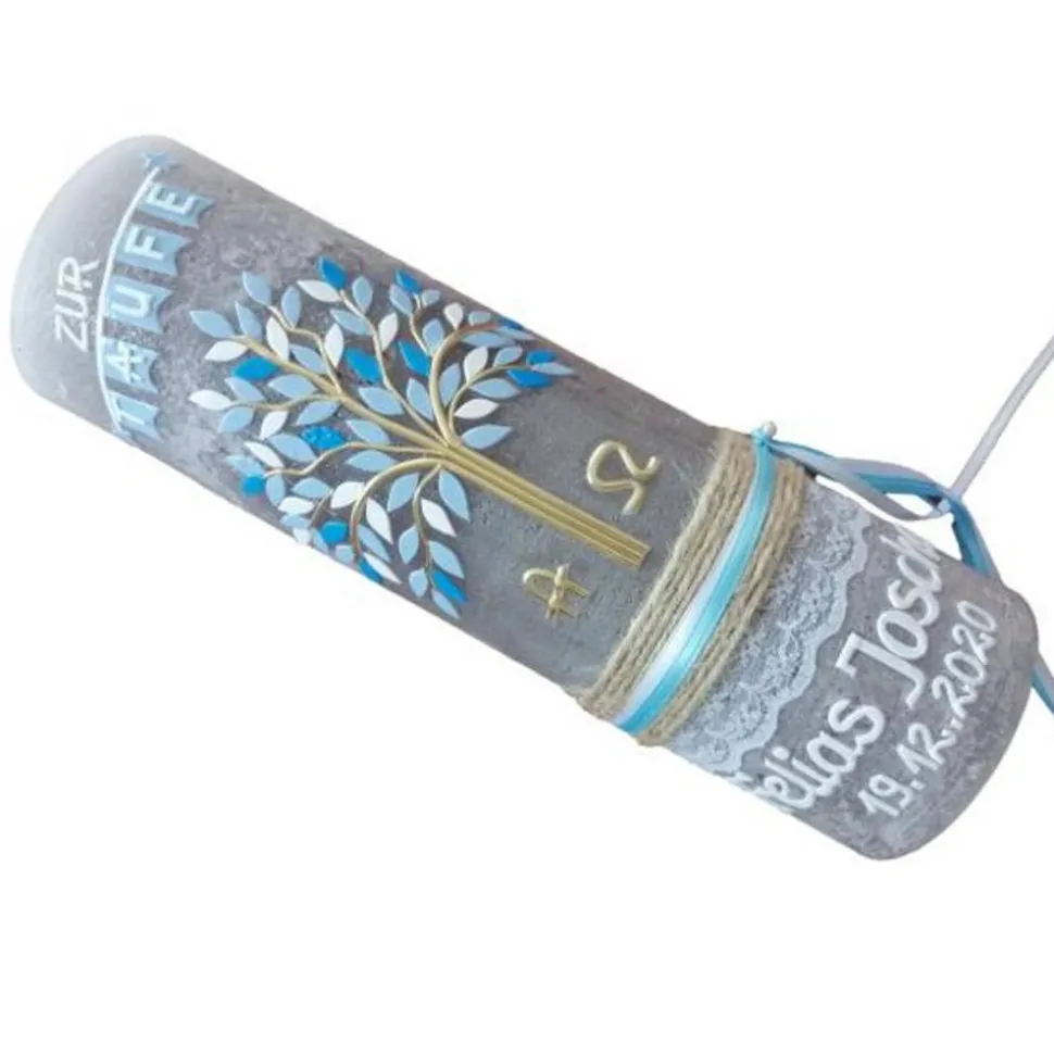 RUSTICA VINTAGE-Look SHABBY Rustikal Taufkerze Lebensbaum Alpha Omega Jungen Kerze keine Folie Wachsbeschriftung