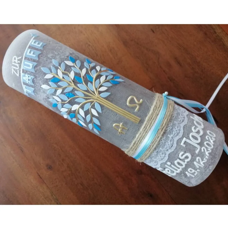 RUSTICA VINTAGE-Look SHABBY Rustikal Taufkerze Lebensbaum Alpha Omega Jungen Kerze keine Folie Wachsbeschriftung