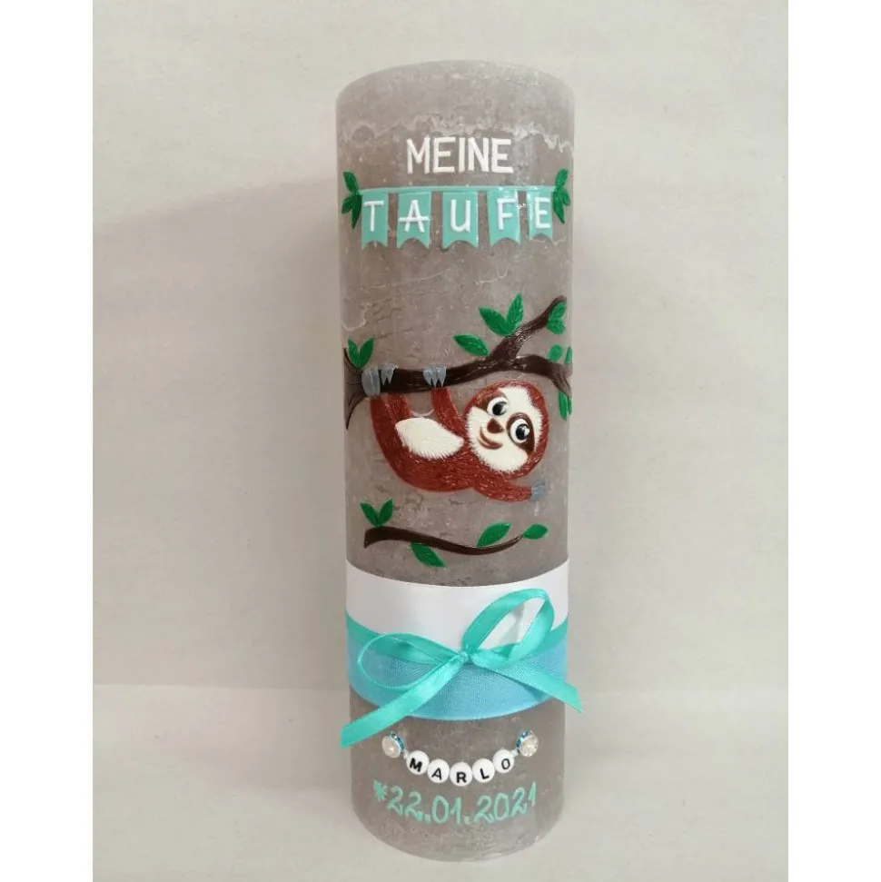 RUSTICA VINTAGE-Look SHABBY Rustikal Taufkerze Faultier Mädchen Junge Kerze keine Folie Wachsbeschriftung