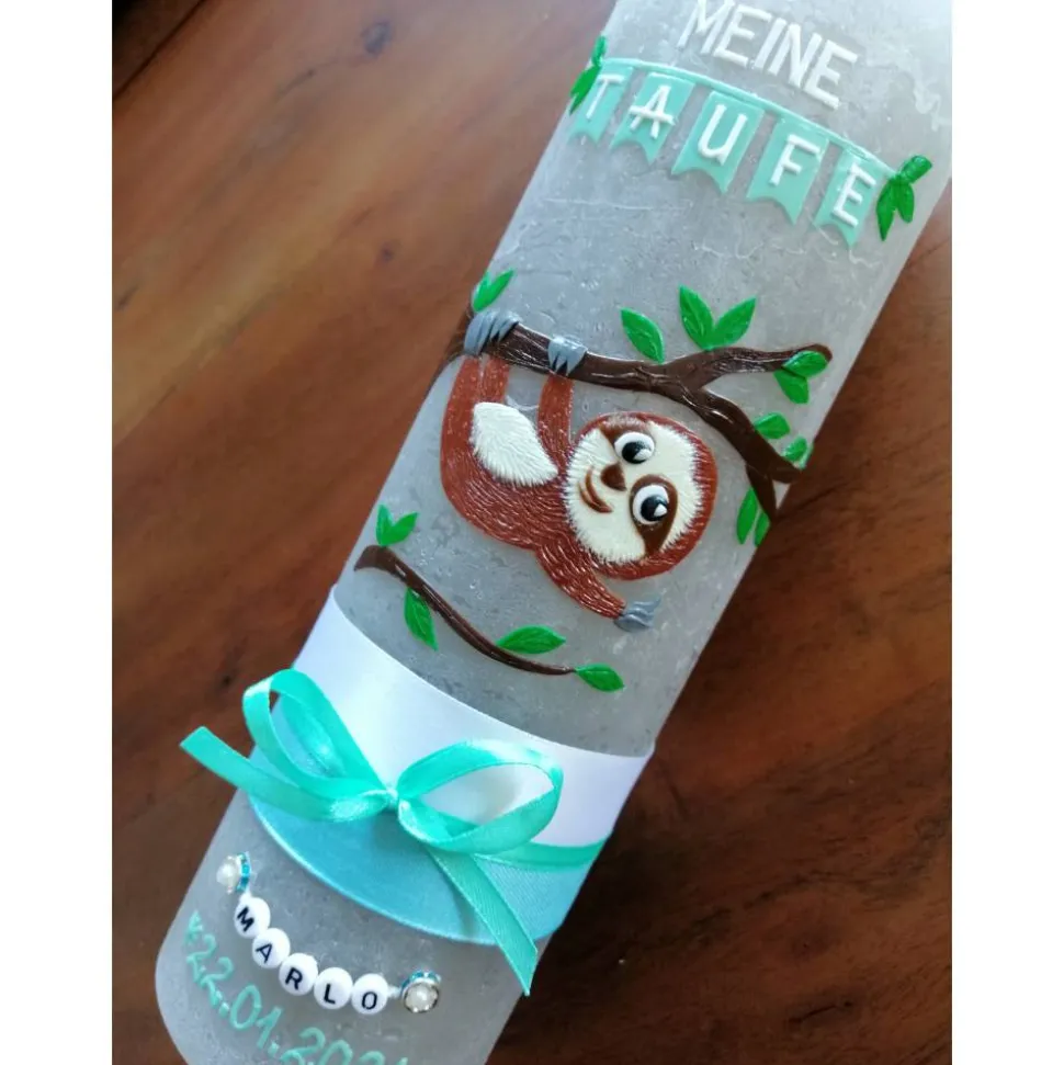 RUSTICA VINTAGE-Look SHABBY Rustikal Taufkerze Faultier Mädchen Junge Kerze keine Folie Wachsbeschriftung