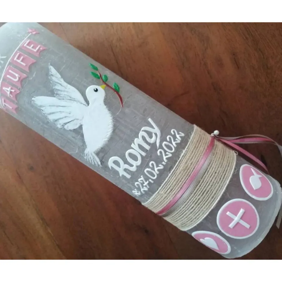 RUSTICA, VINTAGE-Look, SHABBY, Rustikal, Taufkerze, Friedenstaube, Taube, Mädchen, Junge, rosa, Wachsbeschriftung, Farbw