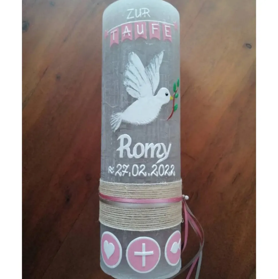 RUSTICA, VINTAGE-Look, SHABBY, Rustikal, Taufkerze, Friedenstaube, Taube, Mädchen, Junge, rosa, Wachsbeschriftung, Farbw