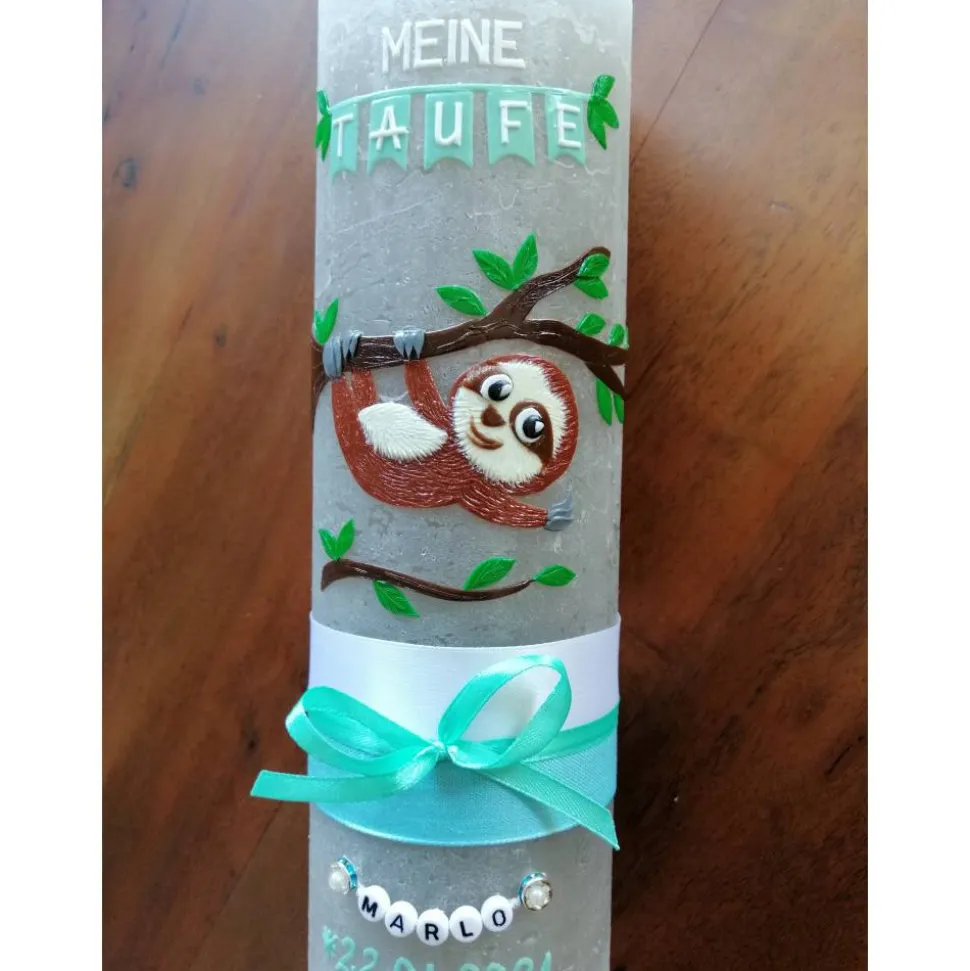 RUSTICA VINTAGE-Look SHABBY Rustikal Taufkerze Faultier Mädchen Junge Kerze keine Folie Wachsbeschriftung