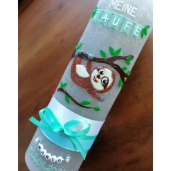 RUSTICA VINTAGE-Look SHABBY Rustikal Taufkerze Faultier Mädchen Junge Kerze keine Folie Wachsbeschriftung