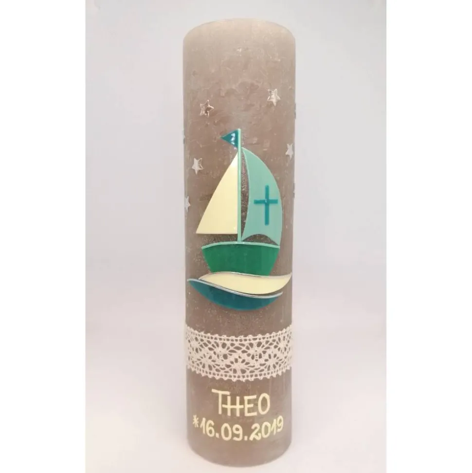 RUSTICA VINTAGE-Look SHABBY Rustikal Taufkerze Boot Arche Mädchen Junge Kerze keine Folie Wachsbeschriftung