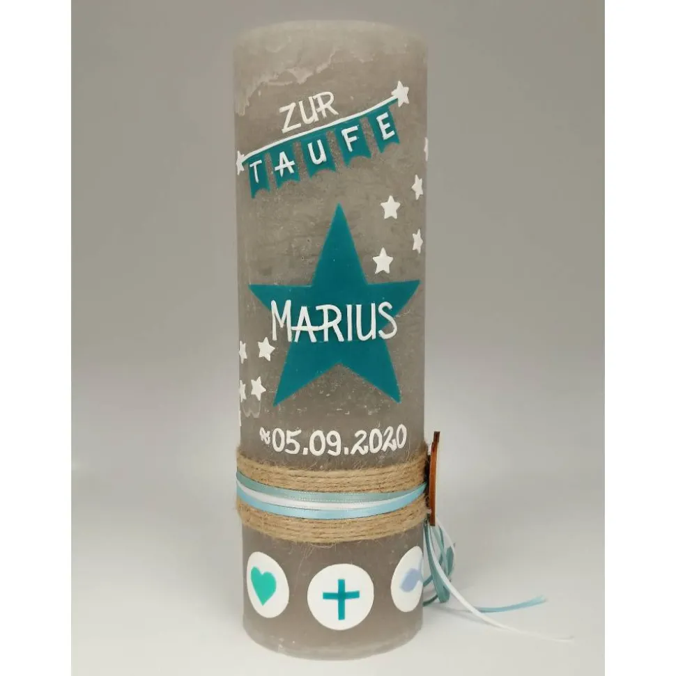 RUSTICA, VINTAGE-Look, SHABBY, Rustikal, Taufkerze, Stern, Wimpel, Mädchen, Junge, Kerze, Taufe, keine Folie, inkl Wachs