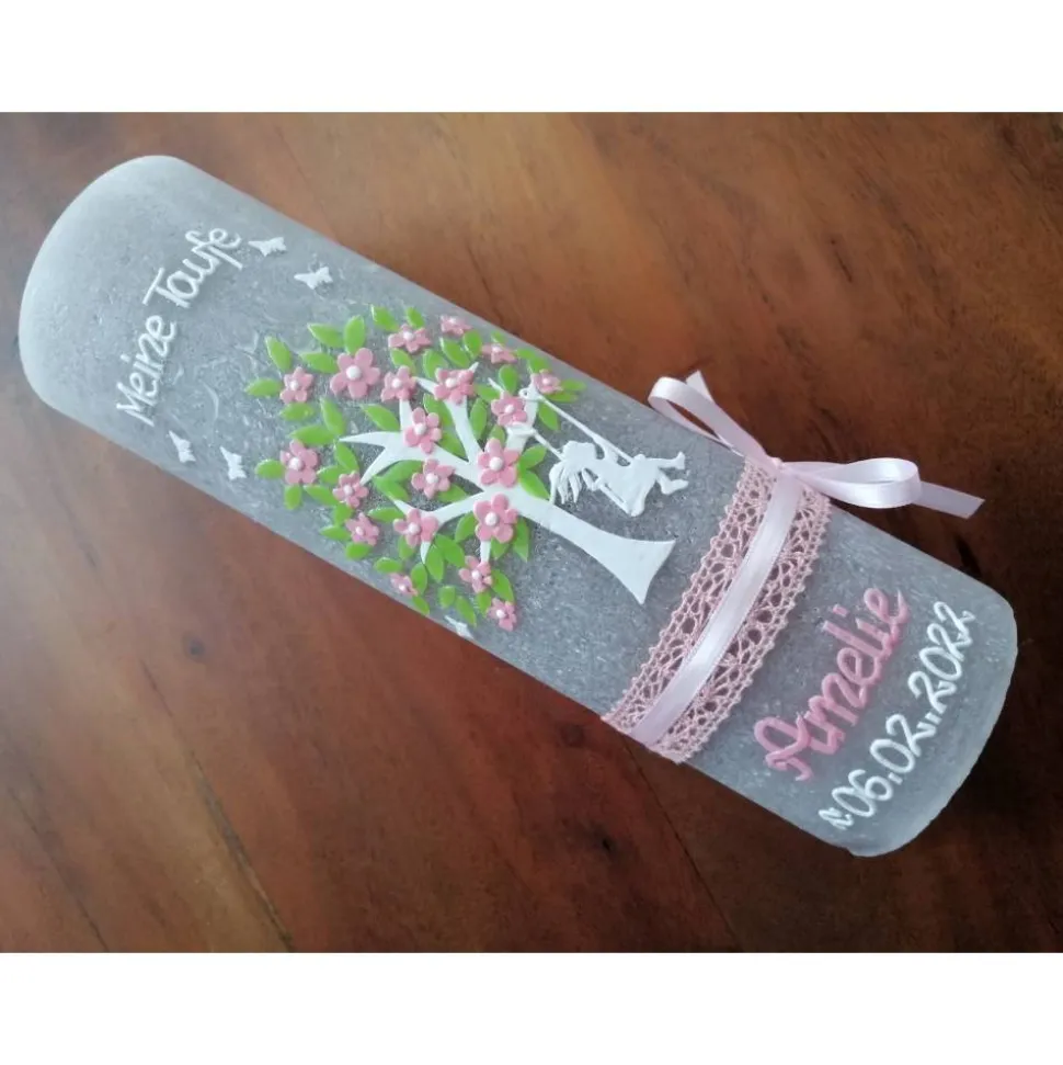 RUSTICA VINTAGE-Look SHABBY Rustikal Taufkerze Lebensbaum Baum Schaukel Mädchen Kerze keine Folie Wachsbeschriftung