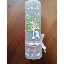 RUSTICA VINTAGE-Look SHABBY Rustikal Taufkerze Lebensbaum Baum Schaukel Mädchen Kerze keine Folie Wachsbeschriftung