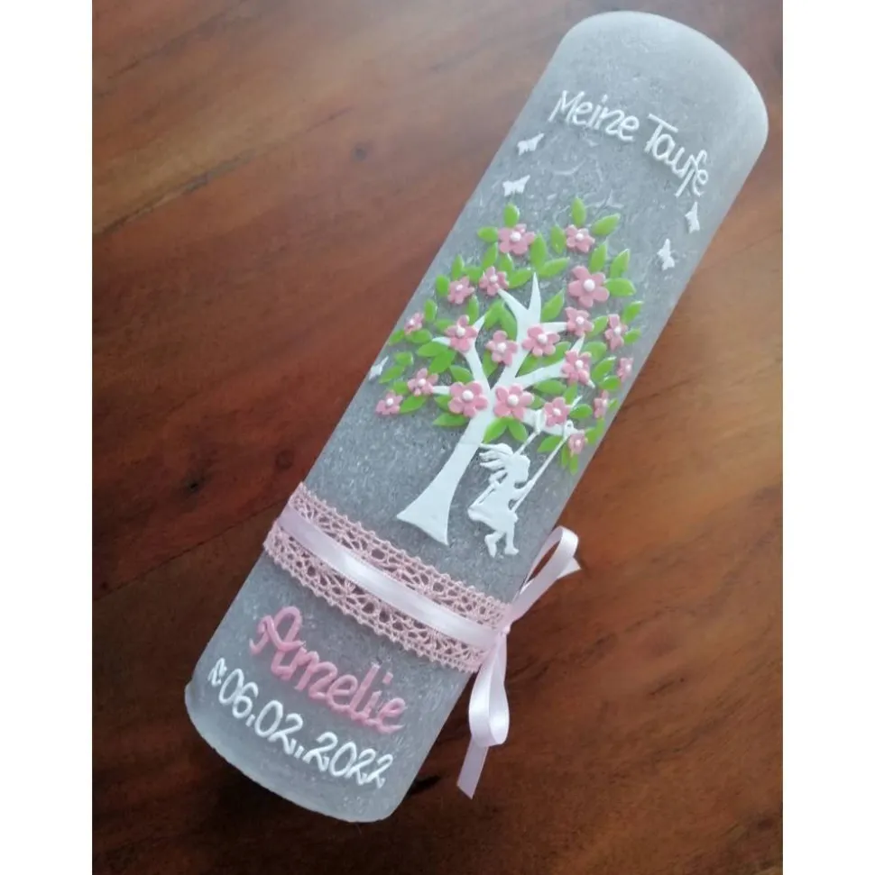 RUSTICA VINTAGE-Look SHABBY Rustikal Taufkerze Lebensbaum Baum Schaukel Mädchen Kerze keine Folie Wachsbeschriftung