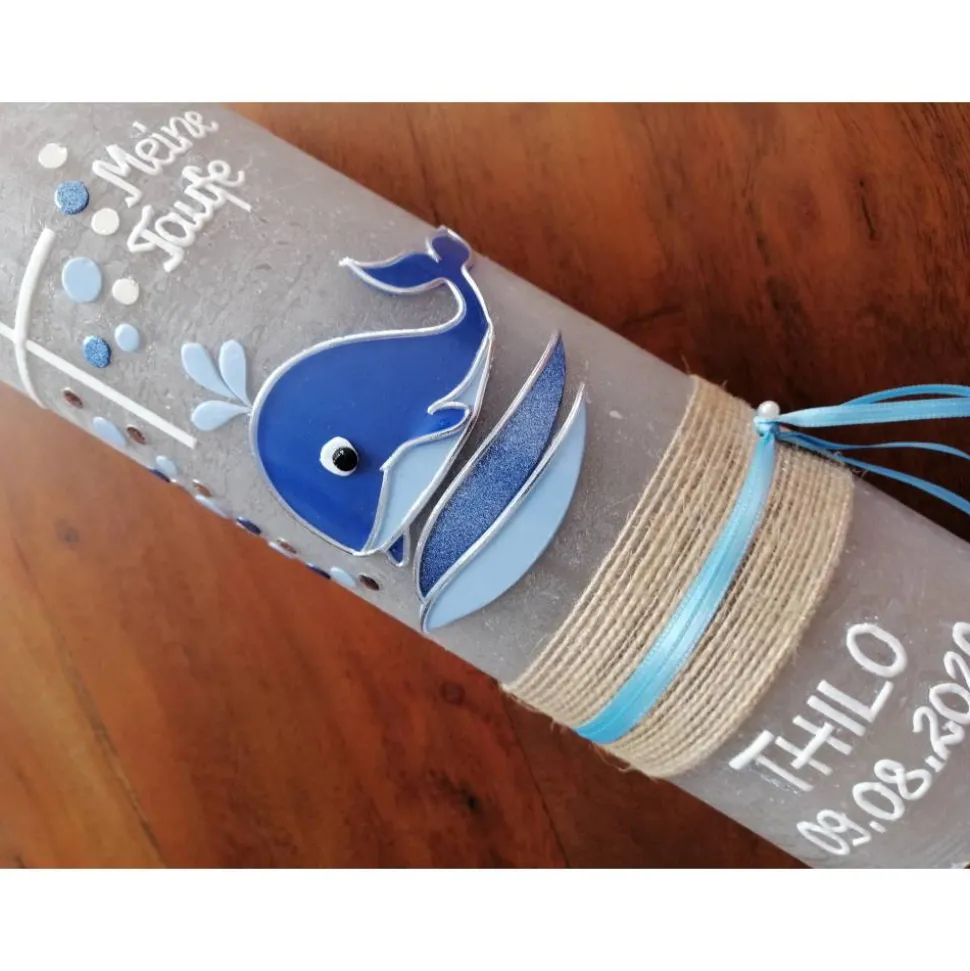 RUSTICA VINTAGE-Look SHABBY Rustikal Taufkerze Wal Fisch Mädchen Junge Kerze keine Folie Wachsbeschriftung