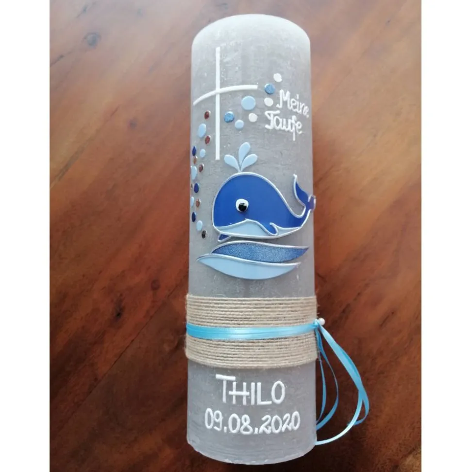 RUSTICA VINTAGE-Look SHABBY Rustikal Taufkerze Wal Fisch Mädchen Junge Kerze keine Folie Wachsbeschriftung