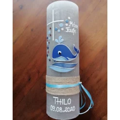 RUSTICA VINTAGE-Look SHABBY Rustikal Taufkerze Wal Fisch Mädchen Junge Kerze keine Folie Wachsbeschriftung