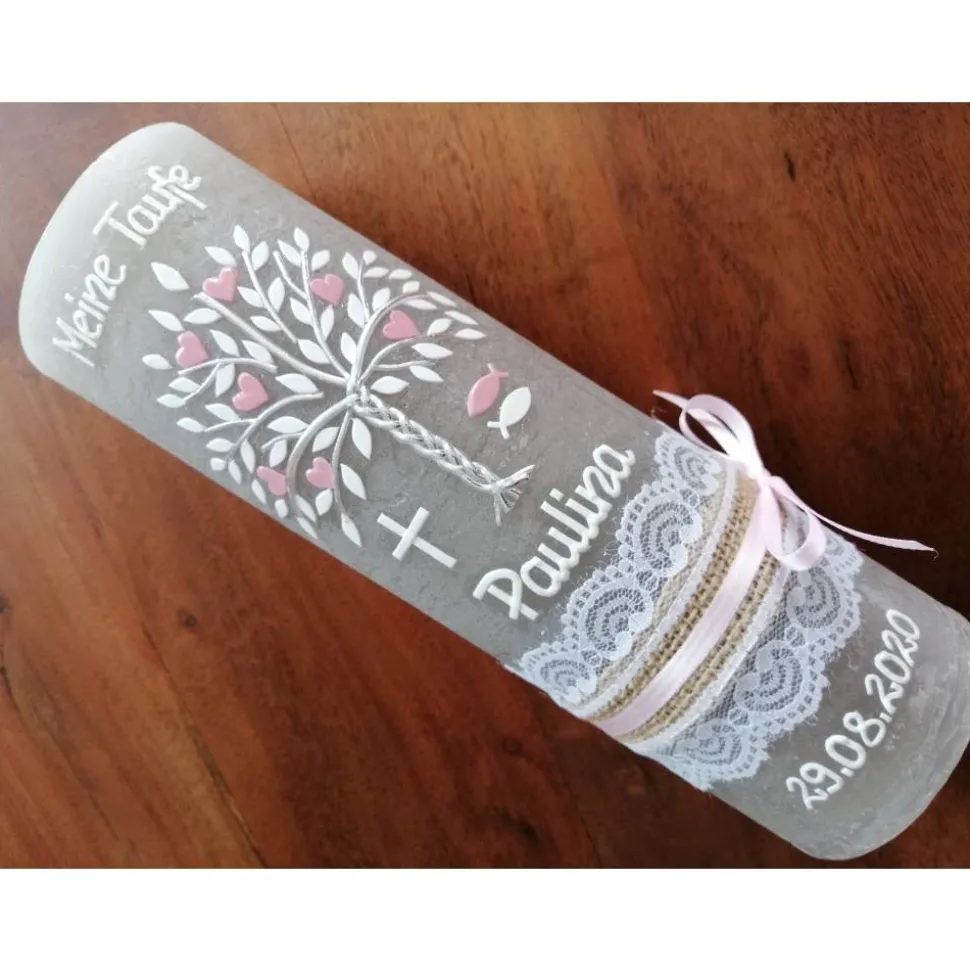 RUSTICA VINTAGE-Look SHABBY Rustikal Taufkerze Lebensbaum Baum Kreuz Mädchen Kerze keine Folie Wachsbeschriftung