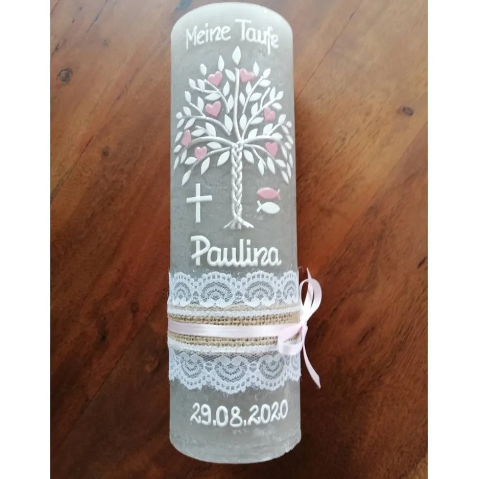 RUSTICA VINTAGE-Look SHABBY Rustikal Taufkerze Lebensbaum Baum Kreuz Mädchen Kerze keine Folie Wachsbeschriftung