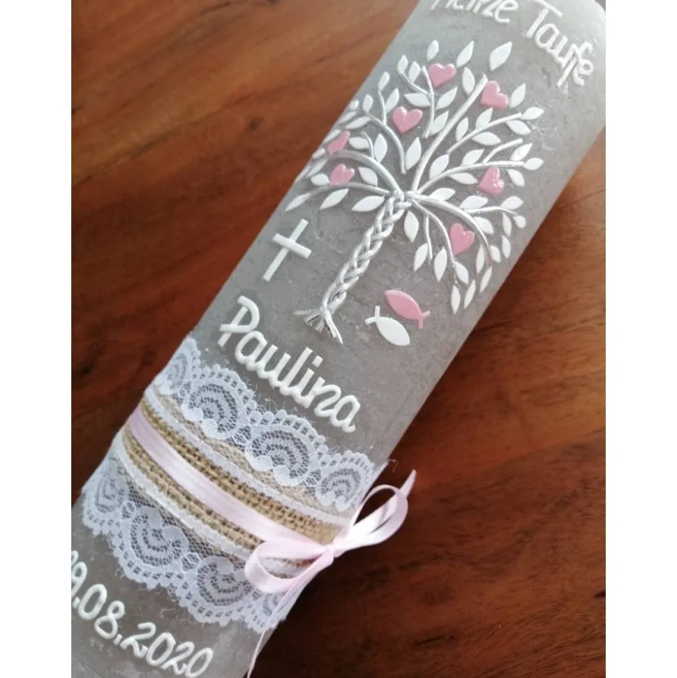 RUSTICA VINTAGE-Look SHABBY Rustikal Taufkerze Lebensbaum Baum Kreuz Mädchen Kerze keine Folie Wachsbeschriftung