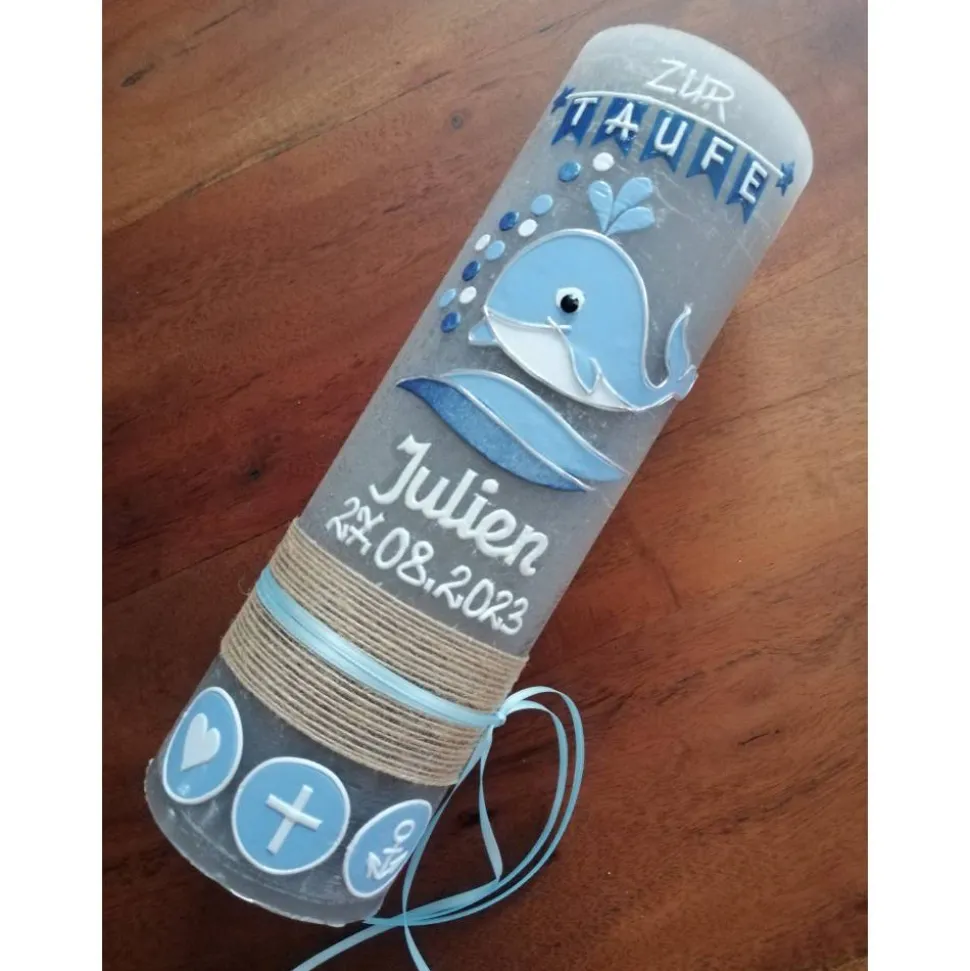 RUSTICA, VINTAGE-Look, SHABBY, Rustikal, Taufkerze, Wal, Fisch Mädchen, Junge, Kerze, keine Folie, Wachsbeschriftung, Fa