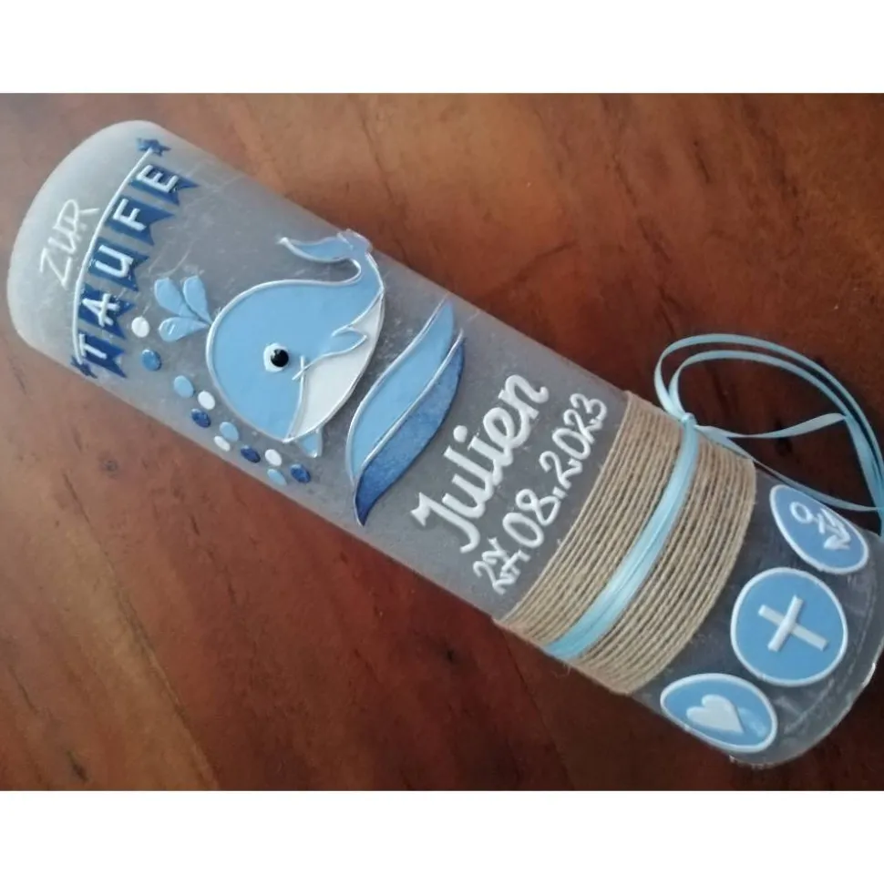 RUSTICA, VINTAGE-Look, SHABBY, Rustikal, Taufkerze, Wal, Fisch Mädchen, Junge, Kerze, keine Folie, Wachsbeschriftung, Fa