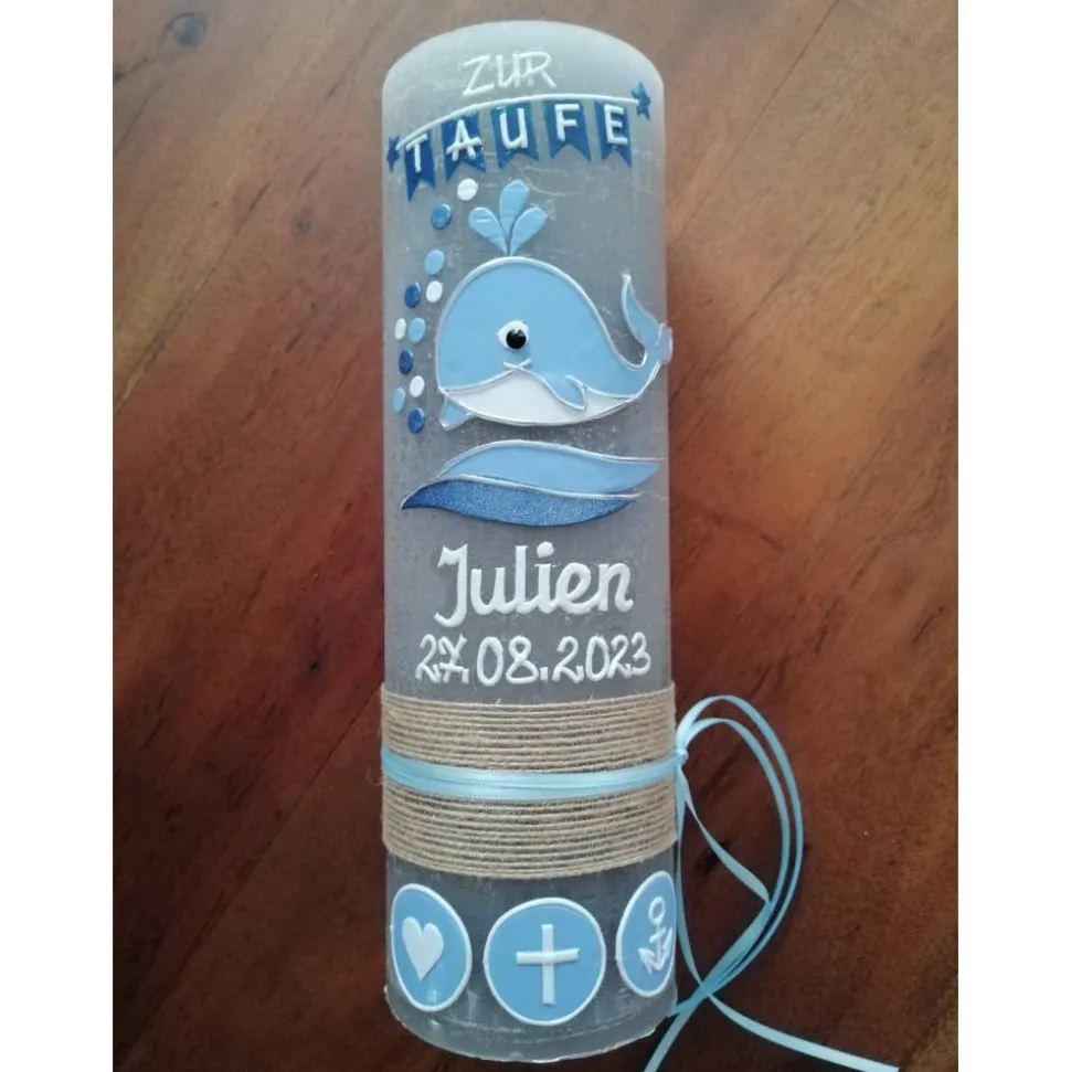 RUSTICA, VINTAGE-Look, SHABBY, Rustikal, Taufkerze, Wal, Fisch Mädchen, Junge, Kerze, keine Folie, Wachsbeschriftung, Fa