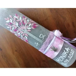 RUSTICA VINTAGE-Look SHABBY Rustikal Taufkerze Lebensbaum Alpha Omega Mädchen Kerze keine Folie Wachsbeschriftung