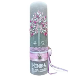 RUSTICA VINTAGE-Look SHABBY Rustikal Taufkerze Lebensbaum Alpha Omega Mädchen Kerze keine Folie Wachsbeschriftung