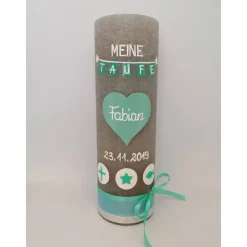 RUSTICA, VINTAGE-Look, SHABBY, Rustikal, Taufkerze, Herz, Wimpel, Mädchen, Junge, grün, Kerze, Taufe, keine Folie, inkl