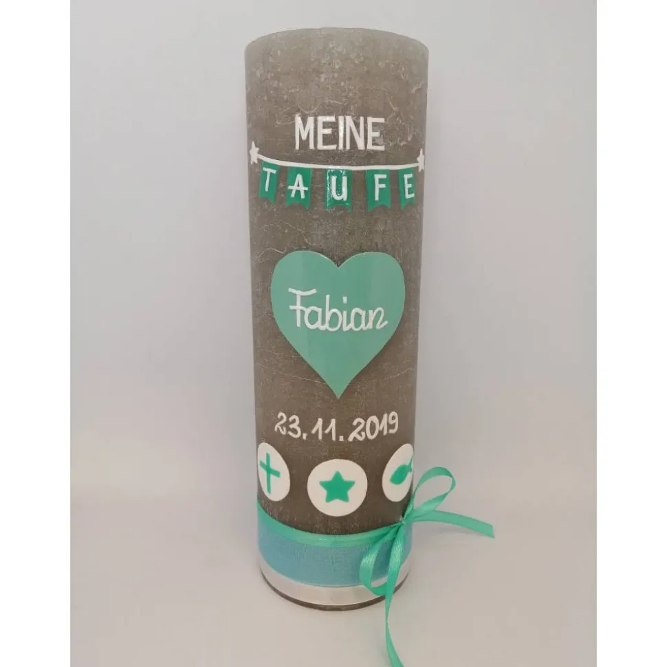 RUSTICA, VINTAGE-Look, SHABBY, Rustikal, Taufkerze, Herz, Wimpel, Mädchen, Junge, grün, Kerze, Taufe, keine Folie, inkl