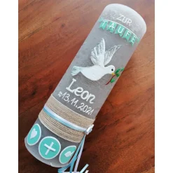 RUSTICA, VINTAGE-Look, SHABBY, Rustikal, Taufkerze, Friedenstaube, Taube, Mädchen, Junge, grün, Wachsbeschriftung, Farbw