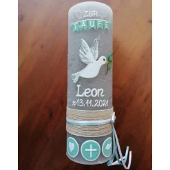 RUSTICA, VINTAGE-Look, SHABBY, Rustikal, Taufkerze, Friedenstaube, Taube, Mädchen, Junge, grün, Wachsbeschriftung, Farbw