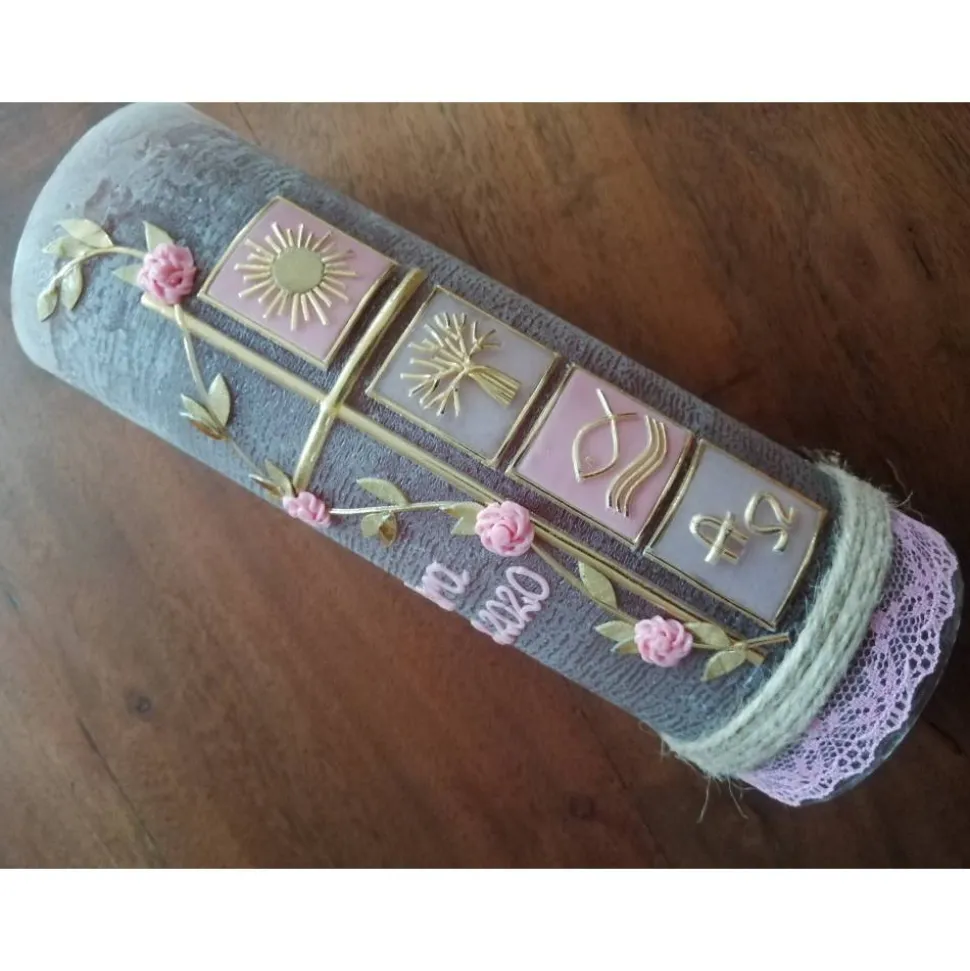 RUSTICA, VINTAGE-Look, SHABBY, Rustikal, Taufkerze, Quadrate, Ranke, Mädchen, Kerze, keine Folie, Wachsbeschriftung, Far