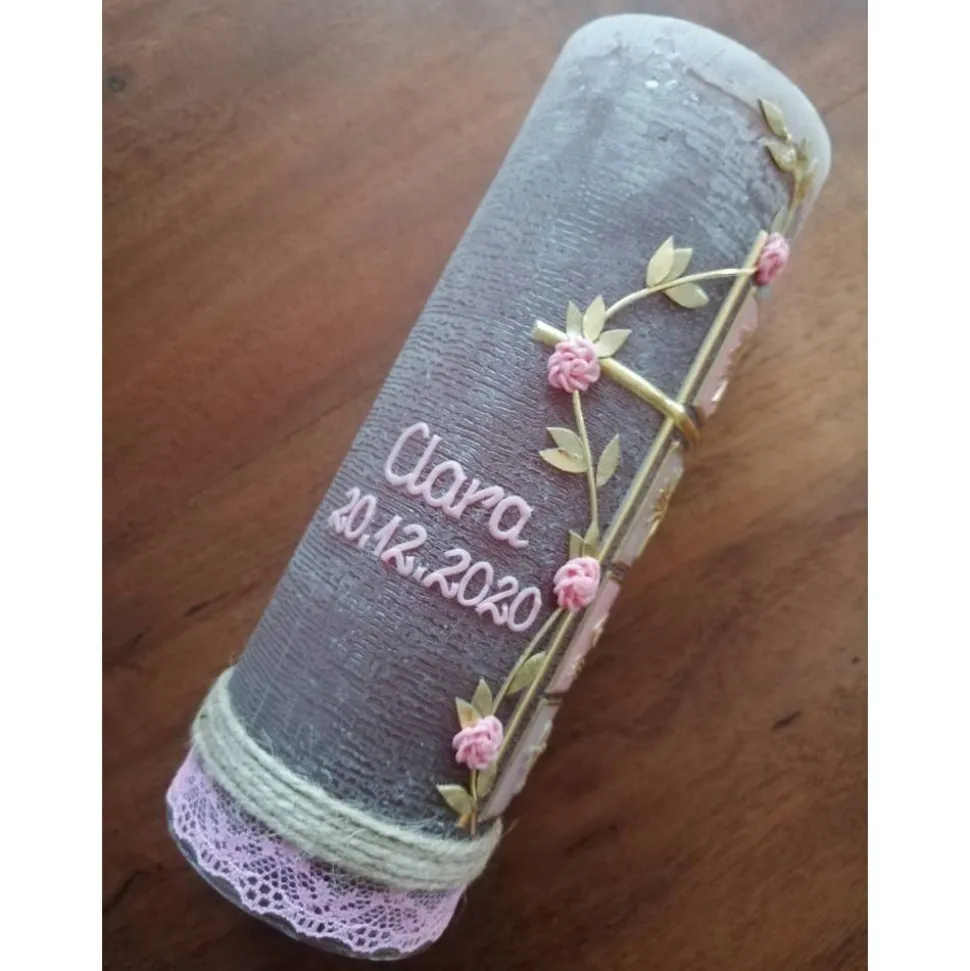 RUSTICA, VINTAGE-Look, SHABBY, Rustikal, Taufkerze, Quadrate, Ranke, Mädchen, Kerze, keine Folie, Wachsbeschriftung, Far