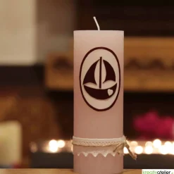 Rustik Geburtskerze personalisierbar mit Segelschiff und Klöppelspitze, Geschenk Geburt Mädchen mit Namen,